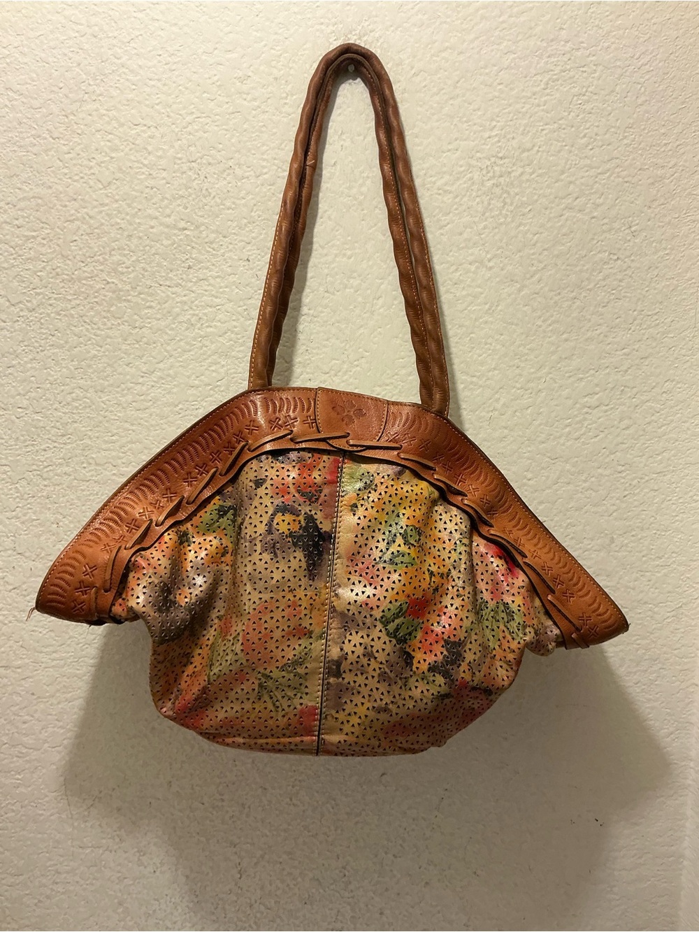 Patricia Nash Brown Floral Perforated Leather Shoulder Bag